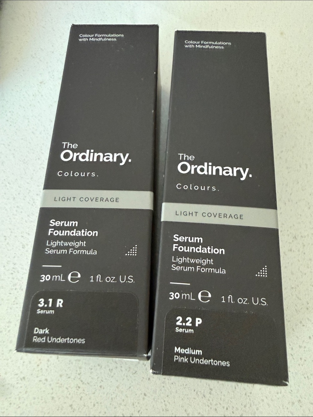 The Ordinary Serum Foundation Duo in 3.1 R Dark & 2.2 P Medium (Black Packaging)